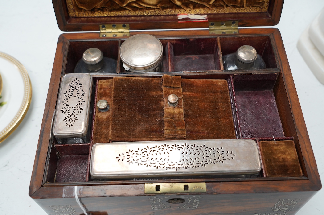 A Victorian mother-of-pearl inlaid rosewood toilet box, 29cm wide. Condition - fair